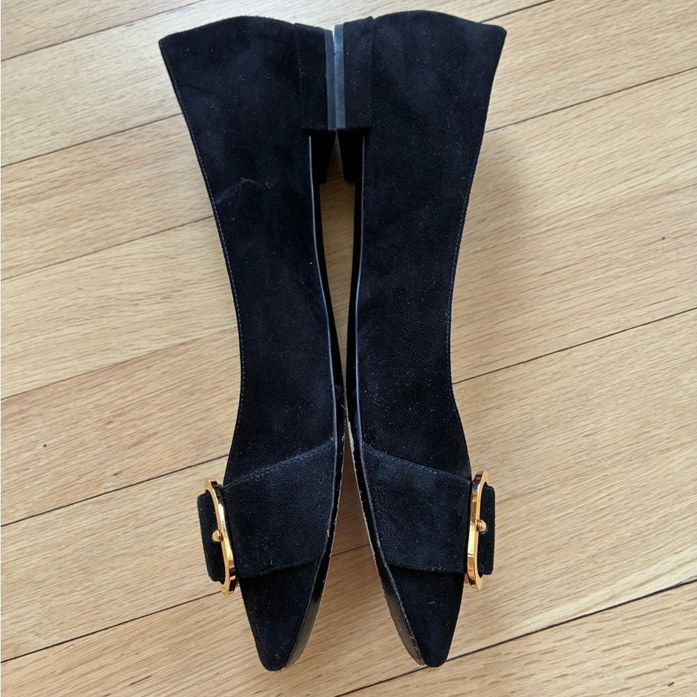 Prada Black Suede Flats with Gold Buckle - Picture 4 of 7